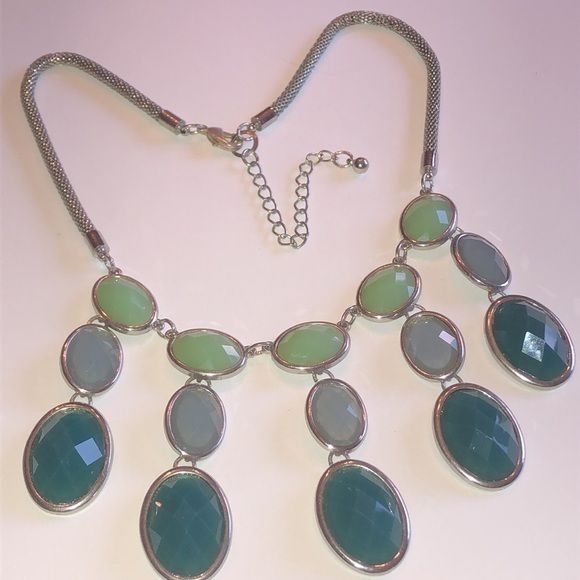 Silver Tone & Green Rhinestones Boho Statement Necklace - Picture 1 of 5